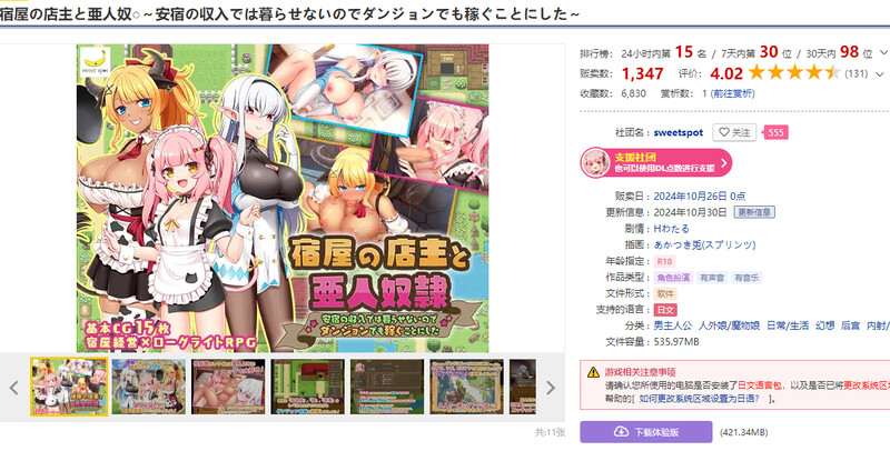 DL10月新作【回合RPG/日常生活/后宫】旅店店主和亚人奴隶(宿屋の店主と亜人奴○~安宿の収入では暮らせないのでダンジョンでも稼ぐことにした~)V1.01 AI汉化【1.50G】